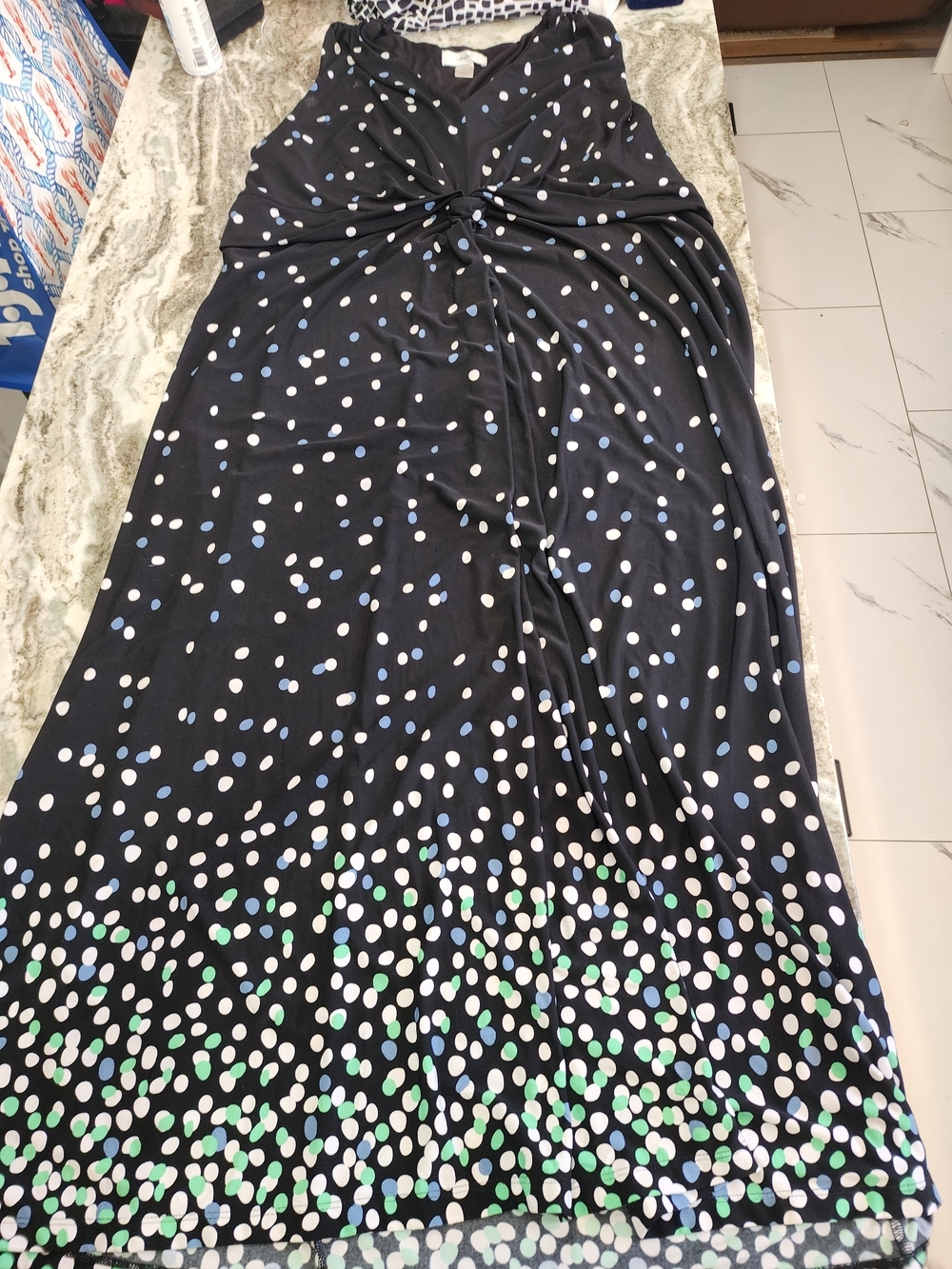 CJ Banks Black Maxi Dress with White, Blue and Green Polka Dots
